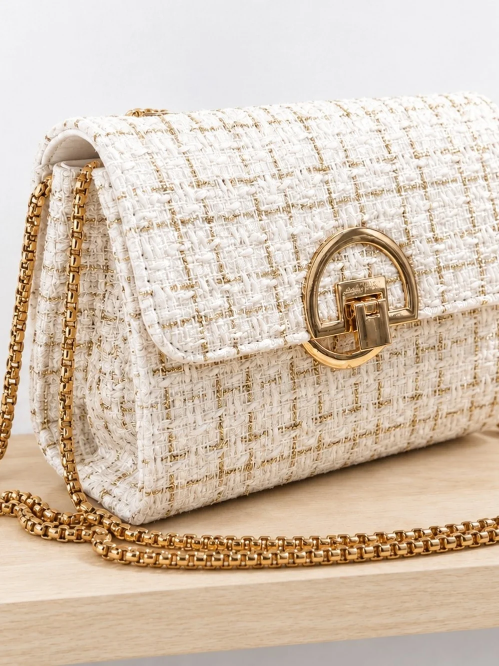 Elegant White Tweed Crossbody Bag with Gold Hardware